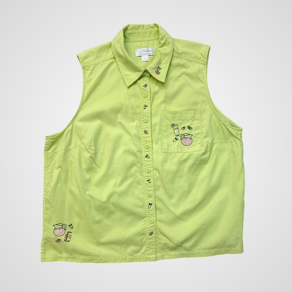 CJ Banks Sleeveless Shirt Womens 1X Lime Green‎ Excellent Lemonade Embroidery